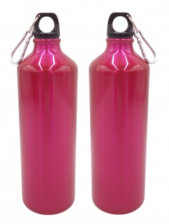 2x Aluminium Trinkflasche 1 Liter pink mit Karabiner Wasserflasche Sportflasche
