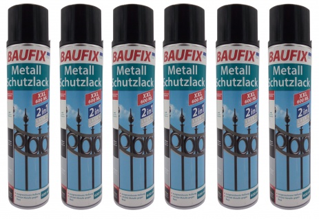 6x Baufix 2in1 Metall Schutzlack Spray 600 ml schwarz glänzend Grundierung