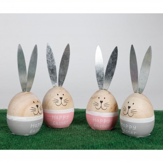 Dekofigur Hase Happy Easter Metallohren 15cm Ostern grau oder rosa Holz Osterei