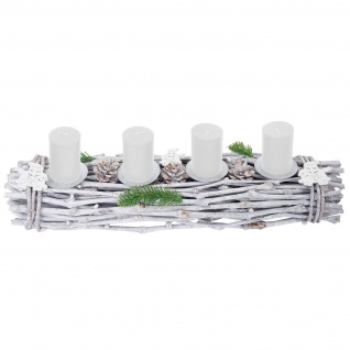 Adventskranz länglich, Weihnachtsdeko Adventsgesteck, Holz 60x16x9cm weiß-grau ~ mit Kerzen, weiß 2