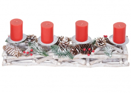 Adventskranz länglich, Weihnachtsdeko Adventsgesteck, Holz 11x15x50cm weiß-grau ~ mit Kerzen, rot - Vorschau 4