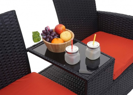 Poly-Rattan Sitzbank mit Tisch HWC-E24, Gartenbank Sitzgruppe Gartensofa, 132cm ~ schwarz, Kissen terrakotta 5