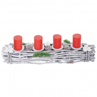Adventskranz länglich, Weihnachtsdeko Adventsgesteck, Holz 60x16x9cm weiß-grau ~ mit Kerzen, rot - Vorschau 2