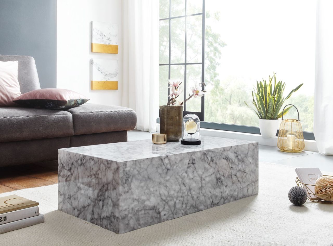 Couchtisch MONOBLOC 100x30x50 cm MDF Hochglanz mit Marmor Optik Weiß | Design Wohnzimmertisch Rechteckig | Lounge Beistelltisch Cube Tisch (3)
