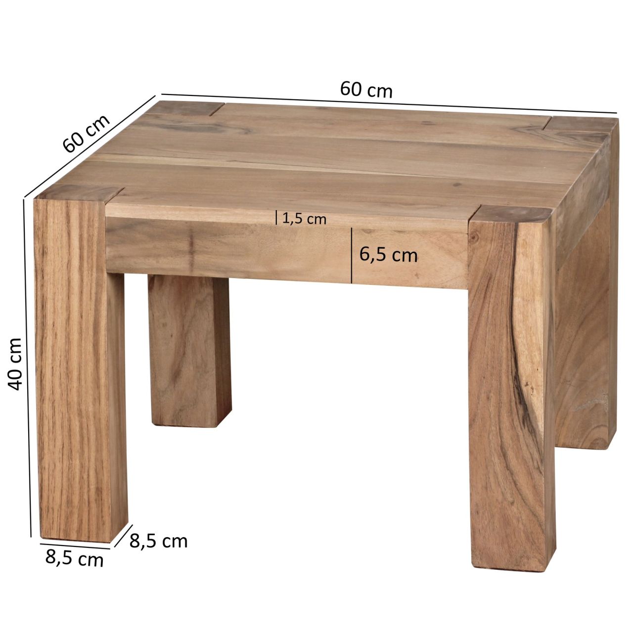 Couchtisch Massiv-Holz Akazie 60 cm breit Wohnzimmer-Tisch Design braun Landhaus-Stil Beistelltisch natur