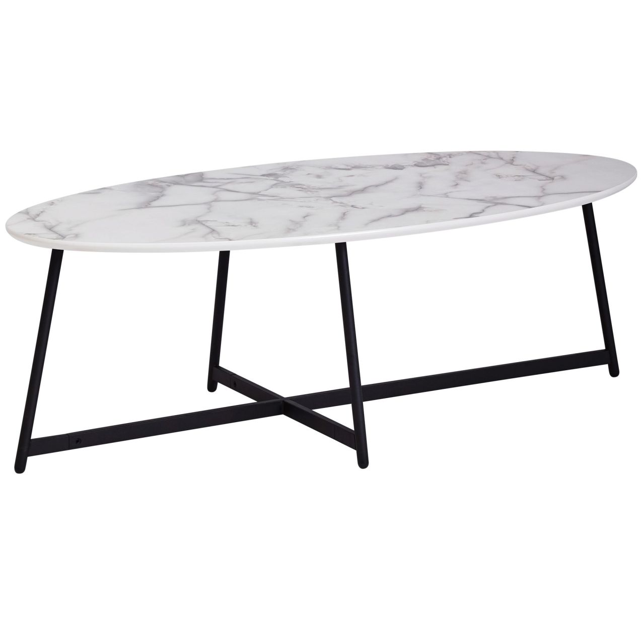 Design Couchtisch Oval 120x60 cm mit Marmor Optik Weiß | Wohnzimmertisch mit Metall-Beine Schwarz | Großer Beistelltisch