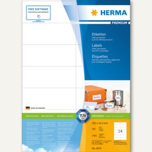 Herma Etiketten " Premium", 105 x 42.3 mm, permanent, weiß, 1.400 Stück, 4674