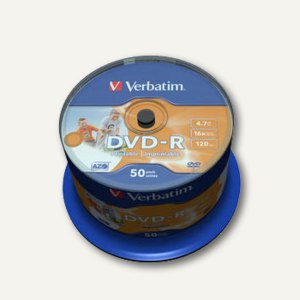 Verbatim DVD-R, 4, 7 GB, 16x, wide photo printable, Spindel, 50 Stück, 43533