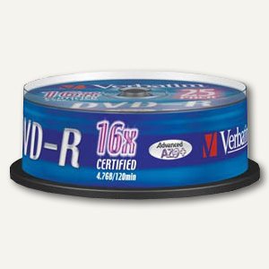 Verbatim DVD-R Rohlinge, 4.7 GB, 16x Speed, silber matt, 25er Spindel, 43522