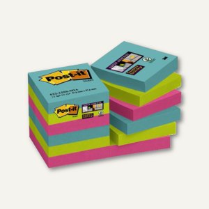 Super Sticky Notes, 48x48 mm, blanko, türkis, neongrün, pink, 12x 90 Blatt