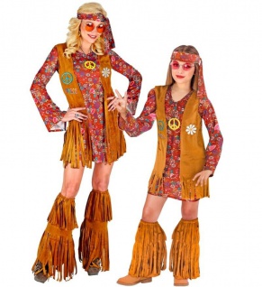 70er Hippie Kostüm Kleid Fransen-Look Partner Kostüm Damen Mädchen FLower Power