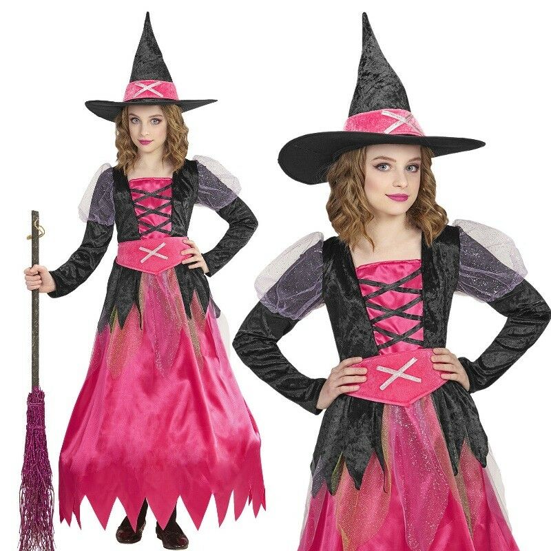 Kleid mit Hexen Hut HEXE pink/schwarz Kinder Kostüm Halloween Magier Mädchen 