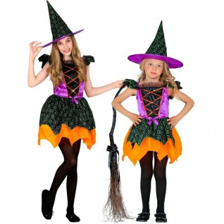 HEXE HEXENKLEID MIT HUT - Mädchen Kinder Kostüm Karneval Halloween #9735