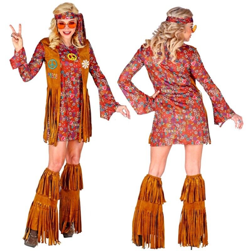 70er Flower Power Hippie Outfit Damen Kostüm XL 46/48 Kleid im Fransen-Look #864