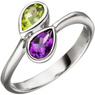 Damen Ring 925 Sterling Silber 1 Amethyst lila violett 1 Peridot grün Silberring