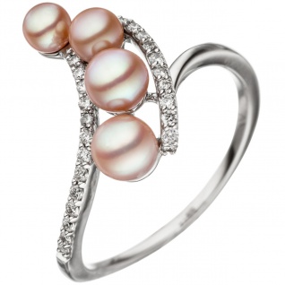 Damen Ring 585 Weißgold 4 Süßwasser Perlen rosa 24 Diamanten Brillanten