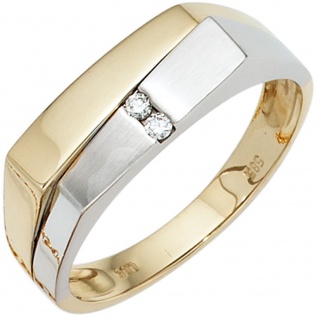 Herren Ring 585 Gold Gelbgold Weißgold mattiert 2 Diamanten Brillanten Goldring