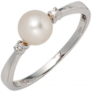 Damen Ring 585 Gold Weißgold 1 Süßwasser Perle 2 Diamanten Brillanten Perlenring