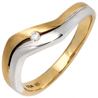 Damen Ring 585 Gold Gelbgold Weißgold bicolor matt 1 Diamant Brillant - Vorschau 1
