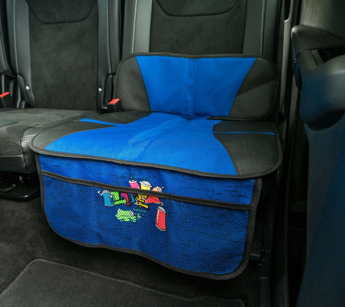 rutschsichichere Universal Polyester Kindersitz Unterlage blau mit Taschen 