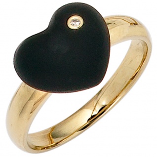 Damen Ring Herz 585 Gold Gelbgold 1 Onyx schwarz 1 Diamant Brillant Goldring