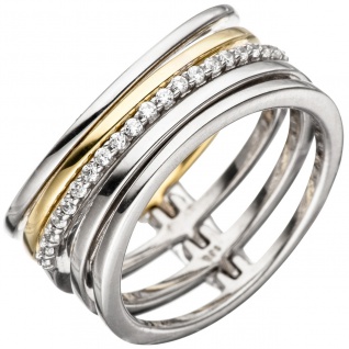 Damen Ring mehrreihig breit 925 Silber bicolor vergoldet mit Zirkonia Silberring