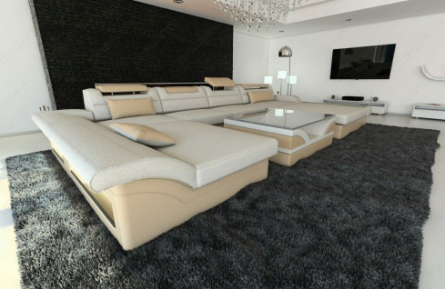 Wohnlandschaft Polster Couch MONZA U Form Ottomane modern Designer Stoffsofa LED