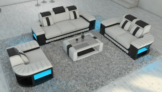 Sofagarnitur Couch Garnitur Sitzgruppe BELLAGIO 3-2-1 LED Beleuchtung Ledersofa