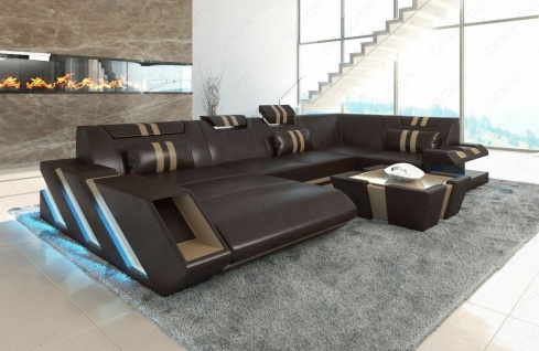 Ledersofa Wohnlandschaft Design Couch APOLLONIA U Form LED Beleuchtung Ottomane