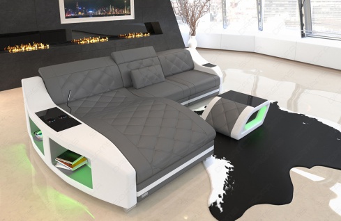 Leder Ecksofa Swing Luxus Couch mit Ottomane und LED Beleuchtung