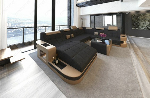 Sofa Wohnlandschaft Stoff Luxus Couchgarnitur WAVE XXL LED Beleuchtung Recamiere