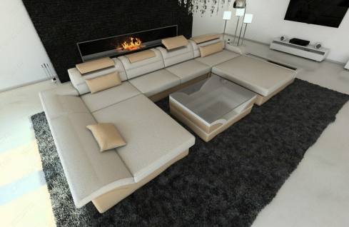 Sofa Eckcouch Wohnlandschaft MONZA U Form Designersofa Stoff Couch Ottomane LED