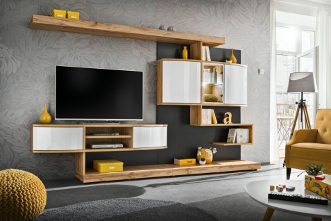 Wohnwand Schrankwand TV Rack LED Beleuchtung PALERMO Anbauwand Holz Eiche modern