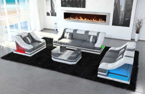 Couchgarnitur Designer Sofa Set Echtleder Couch TURINO 3 2 1 LED Leder Garnitur