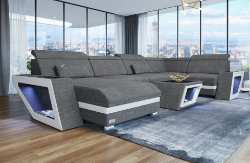 Sofa Polster Wohnlandschaft Couch CATANIA U Form Strukturstoff Grau Ottomane