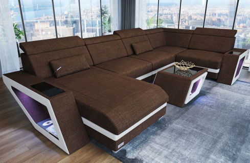 Sofa Polster Wohnlandschaft Couch CATANIA U Form Strukturstoff Braun Ottomane