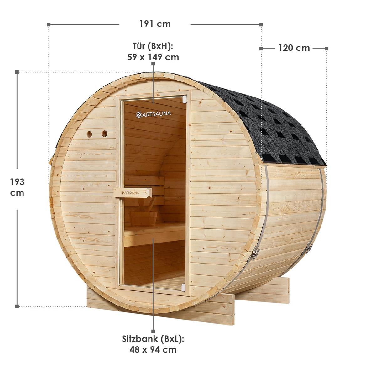 Outdoor Holz Fasssauna Saunafass Größe M 120x191 cm 3,6 KW Saunaofen 2 Personen KOMPLETT SET mit Sauna Ofen Zubehör LED massiv (5)