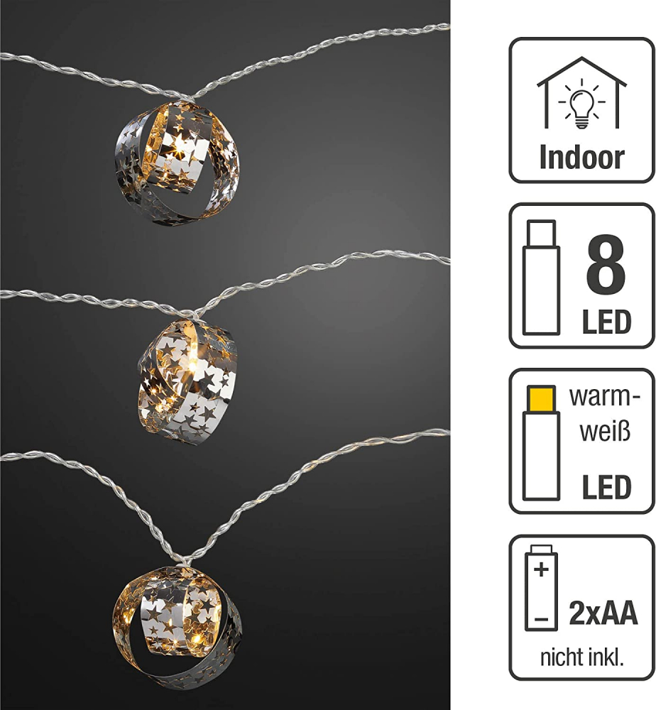 Hellum LED-Lichterkette Metallringe mit Sternen 8 BS warmweiß/transparent, innen Batteriebetrieb