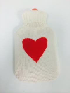 Wärmflasche Weisses Herz mit Strickbezug Bettflasche 1 Liter im Weiss Roten Rollkragen Pullover