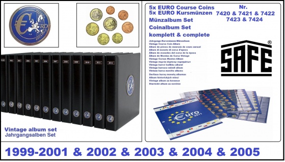 SAFE SET 7420 - 7424 - 5x komplette PREMIUM EURO JAHRGANGS MÜNZALBEN Kursmünzensätze KMS farbige Vordrucke Münzhüllen 1999 - 2005