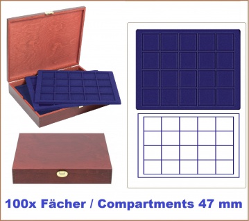 LINDNER S2495-S2120ME Echtholz Holz Münzkassetten 5 blaue Tableaus 2120CE für 100 Münzen bis 47 mm - Ideal für US Silver Eagle Dollar in Münzkapseln - Vorschau 1