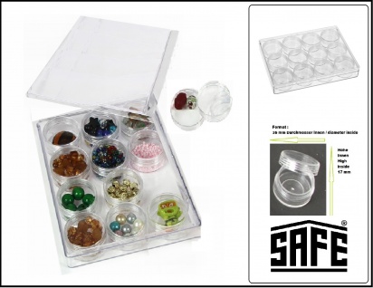 SAFE 5261 Transparente Kleinboxen Setzkasten Kunststoff Universal mit Deckel & 12 Runden Dosen 35 mm Höhe 17 mm