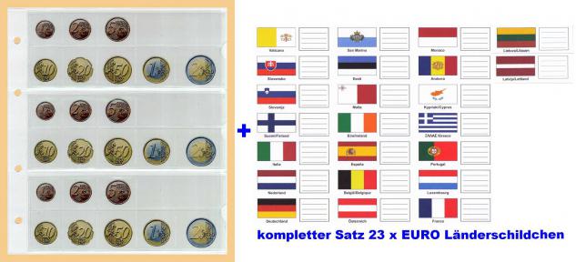 10 KOBRA FE24 Münzblätter Münzhüllen + weiße Zwischenblätter Für 3 komplette Euro KMS Kursmünzensätze + 23 Länderschildchen mit Flaggen Andorra - Zypern