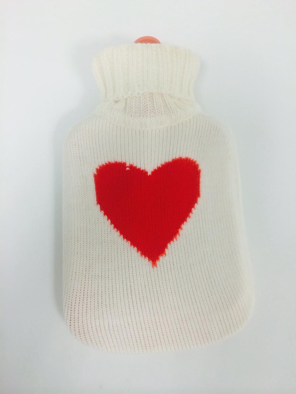 Wärmflasche Bettflasche Herzen in Geschenkverpackung-mit kuscheligem Strickbezug grau-weiß waschbar 