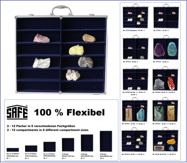SAFE 5775 Alu Sammelvitrinen Vitrinen Setzkasten MAXI mit 12 Fächer in blau mit glasklarem Sichtfenster Für Mineralien Fossilien Kristalle Opale