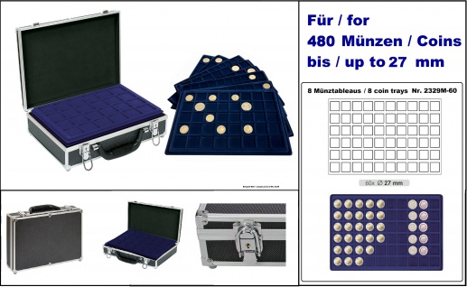 LINDNER 2338M-480 MÜNZKOFFER im schwarzen Alu Design + schwarzem Velour Innen + 8 blauen Tableaus 2329-60 für 480 Münzen bis 27 mm Ideal für 2 Euro Münzen