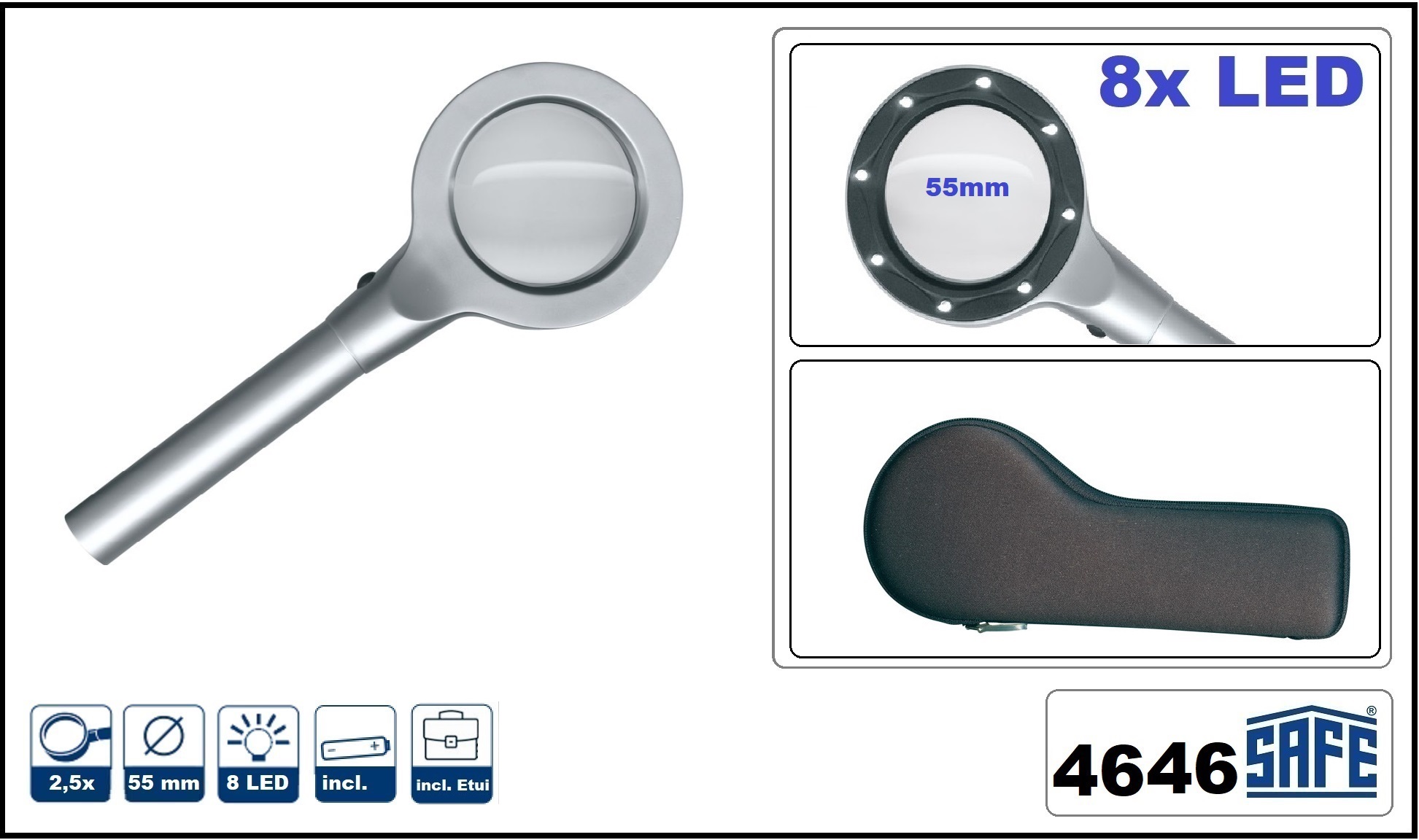 SAFE 4646 Silber Design Leuchtlupe Stiellupe Lupe mit 8 LED 2, 5x fache Vergrößerung + Etui + Batterien