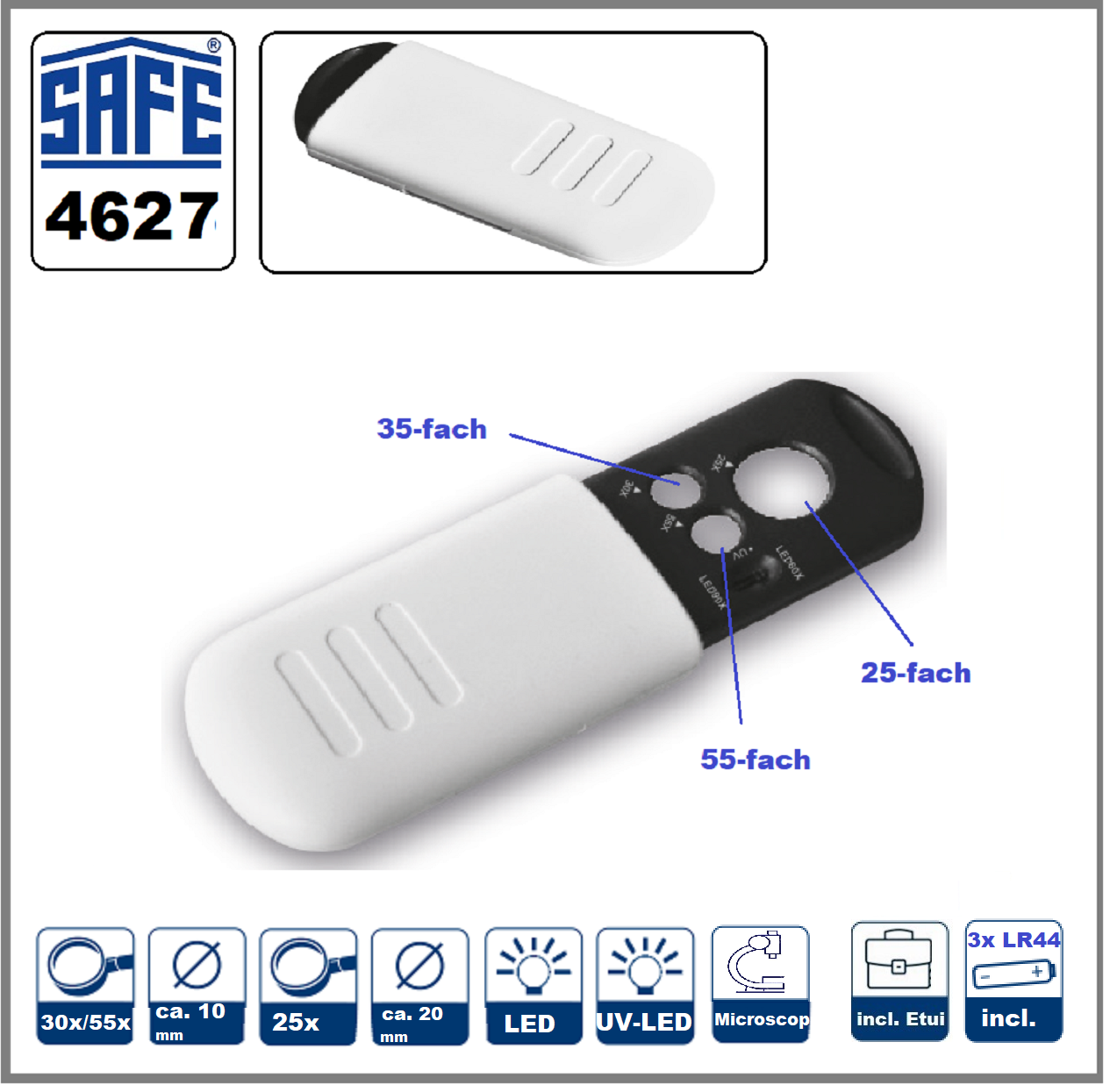 SAFE 4627 Taschen Schiebelupe LED + UV-LED Mikroskop  3 Linsen 25-fach- 30-fach 55-fach Beleuchtung + Batterien (1)