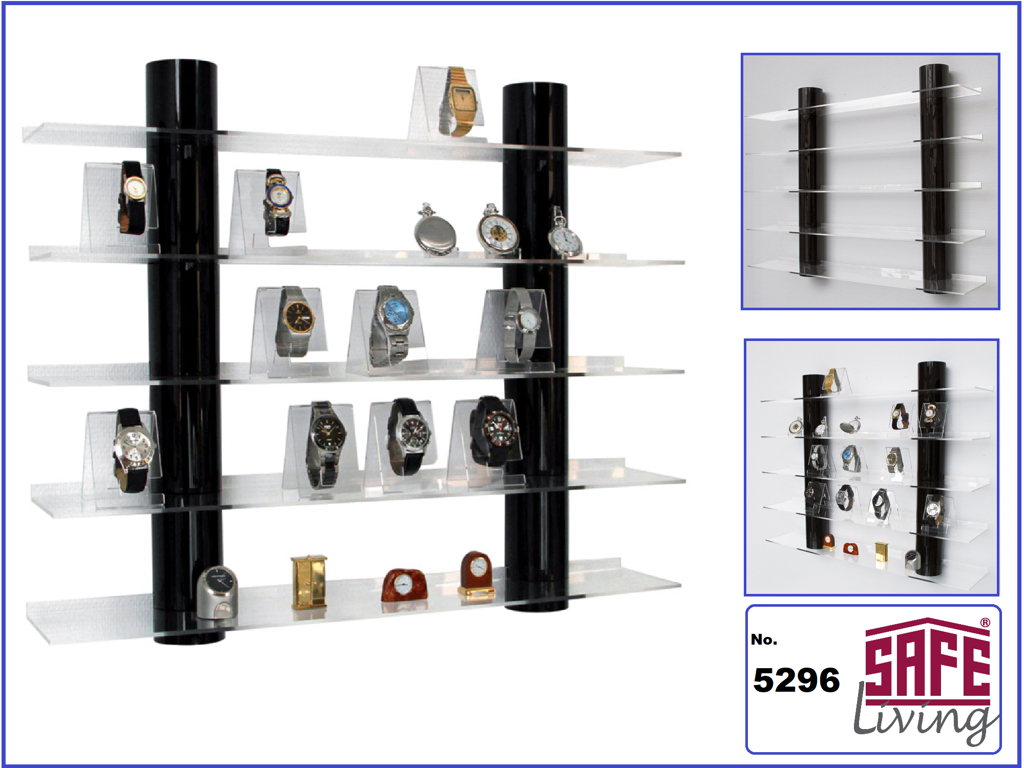 SAFE 5296 Designer Acryl Hängeboard &quot; TOP View &quot; mit schwarzen Säulen & 5 Ebenen Für Uhren - Armband Uhren Taschenuhren