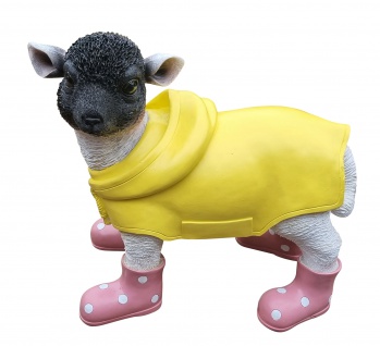 Deko-Figur Lamm mit rosa Gummistiefel und Mantel lustige Tierfigur Schaf Garten